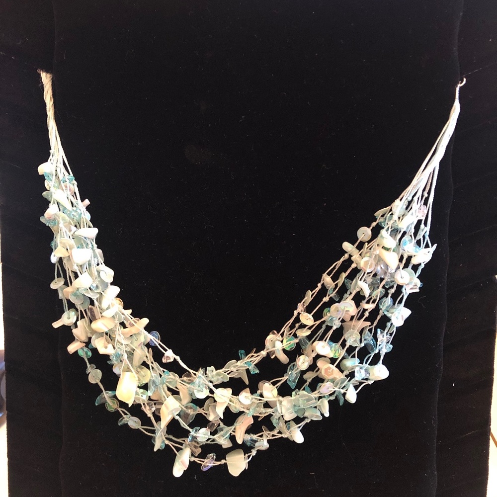 Vintage 90's - Multi Layered Seashell, Beads, & Sequins Necklace - Light Blue